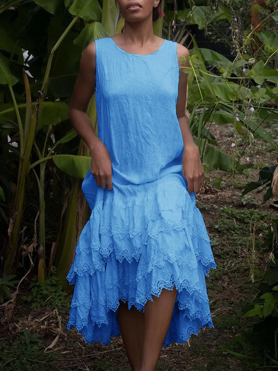 Vestido sem mangas de cor sólida com acabamento em renda
