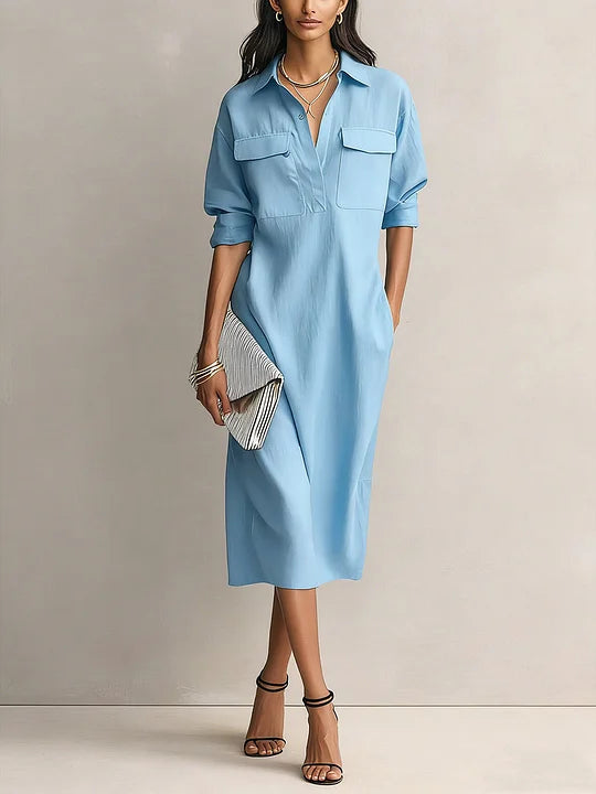 Vestido casual em algodão e linho, de cor sólida, manga comprida e corte largo