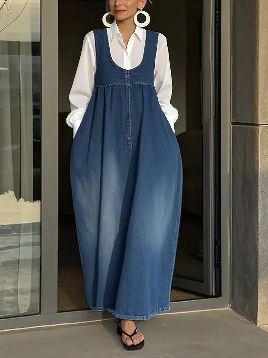 Vestido colete casual sem mangas para mulher em ganga