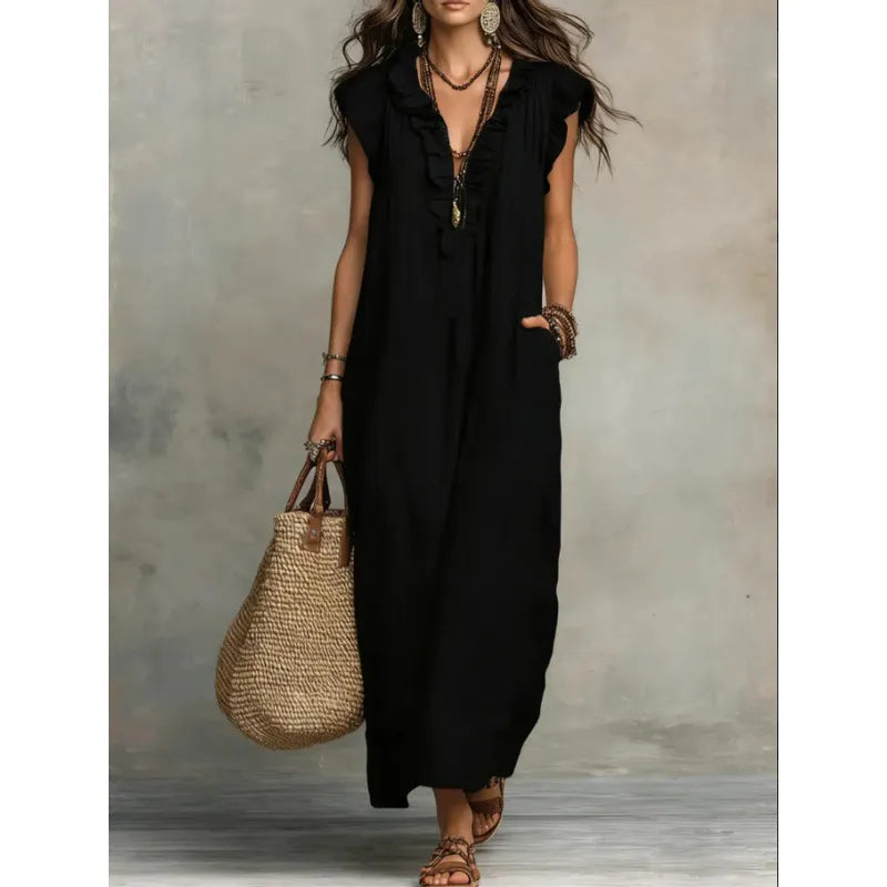 Vestido comprido com decote em V, folhos e manga curta