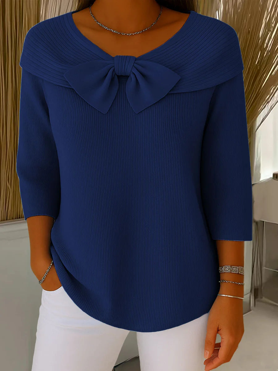 Camisola de malha de cor sólida para mulher com gola redonda, mangas 3/4 e gravata borboleta, adequada para uso diário
