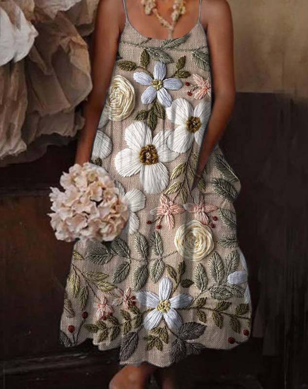 Vestido midi casual sem mangas com estampado floral boho