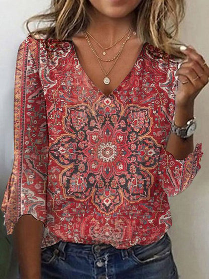 Camisa casual para mulher, manga 3/4, decote em V, adequada para o dia a dia