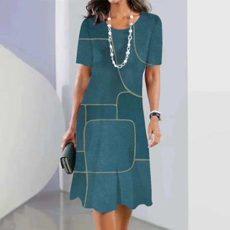 Novo vestido elegante com estampado em contraste e decote redondo.