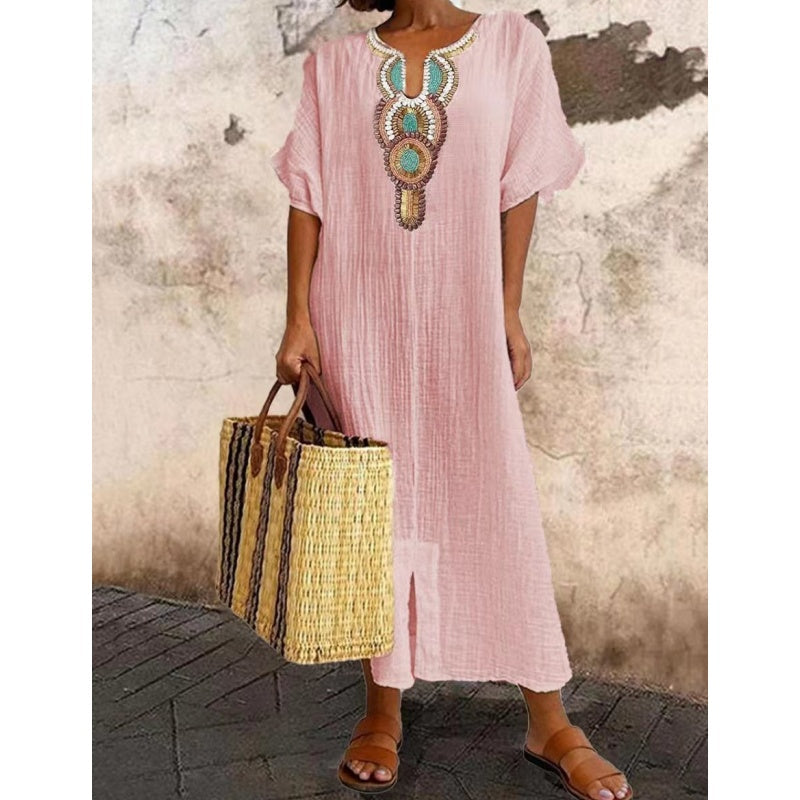[S-4XL]🌿 Vestido largo bordado em algodão e linho