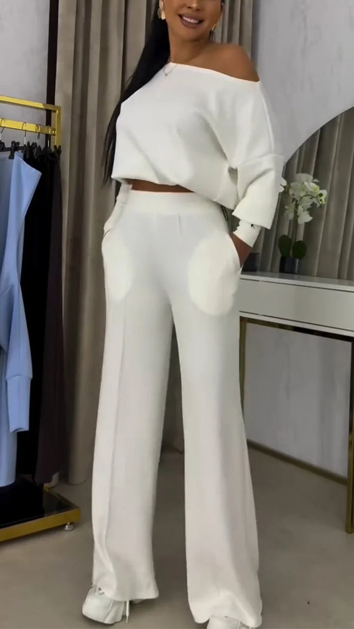 Conjunto de blusa ombro a ombro larga e calças casuais para menina