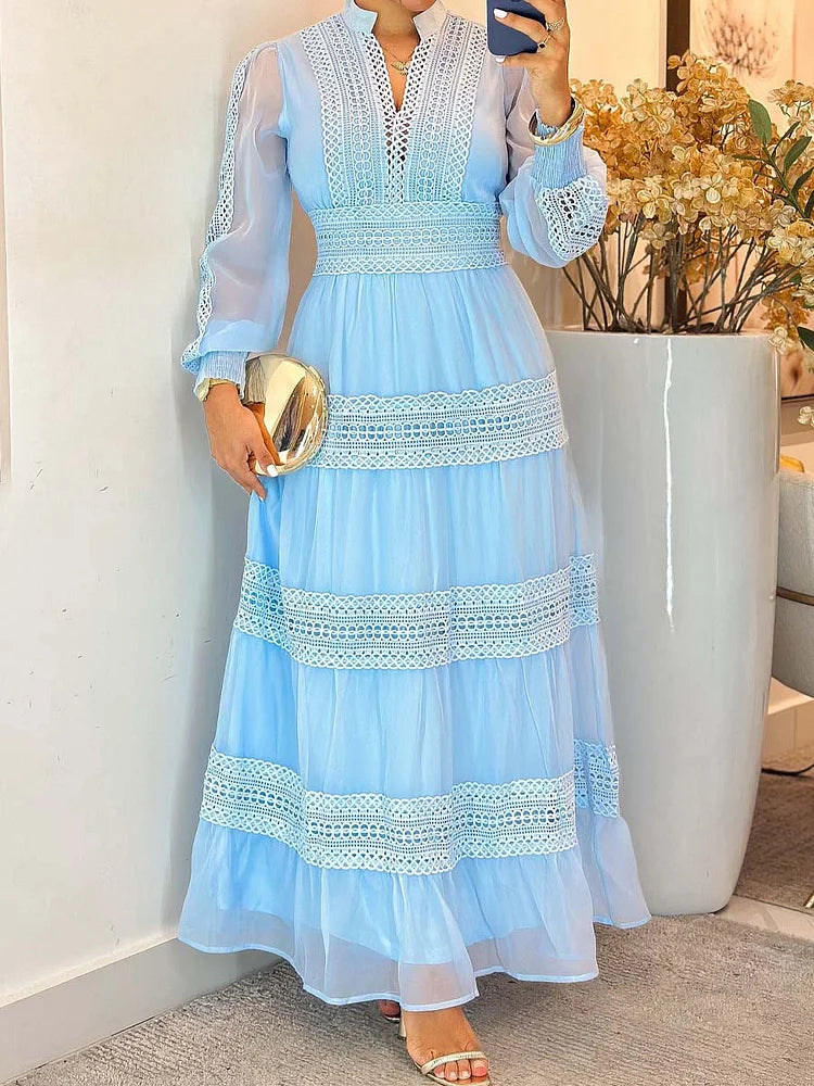 Vestido comprido elegante de renda com manga comprida
