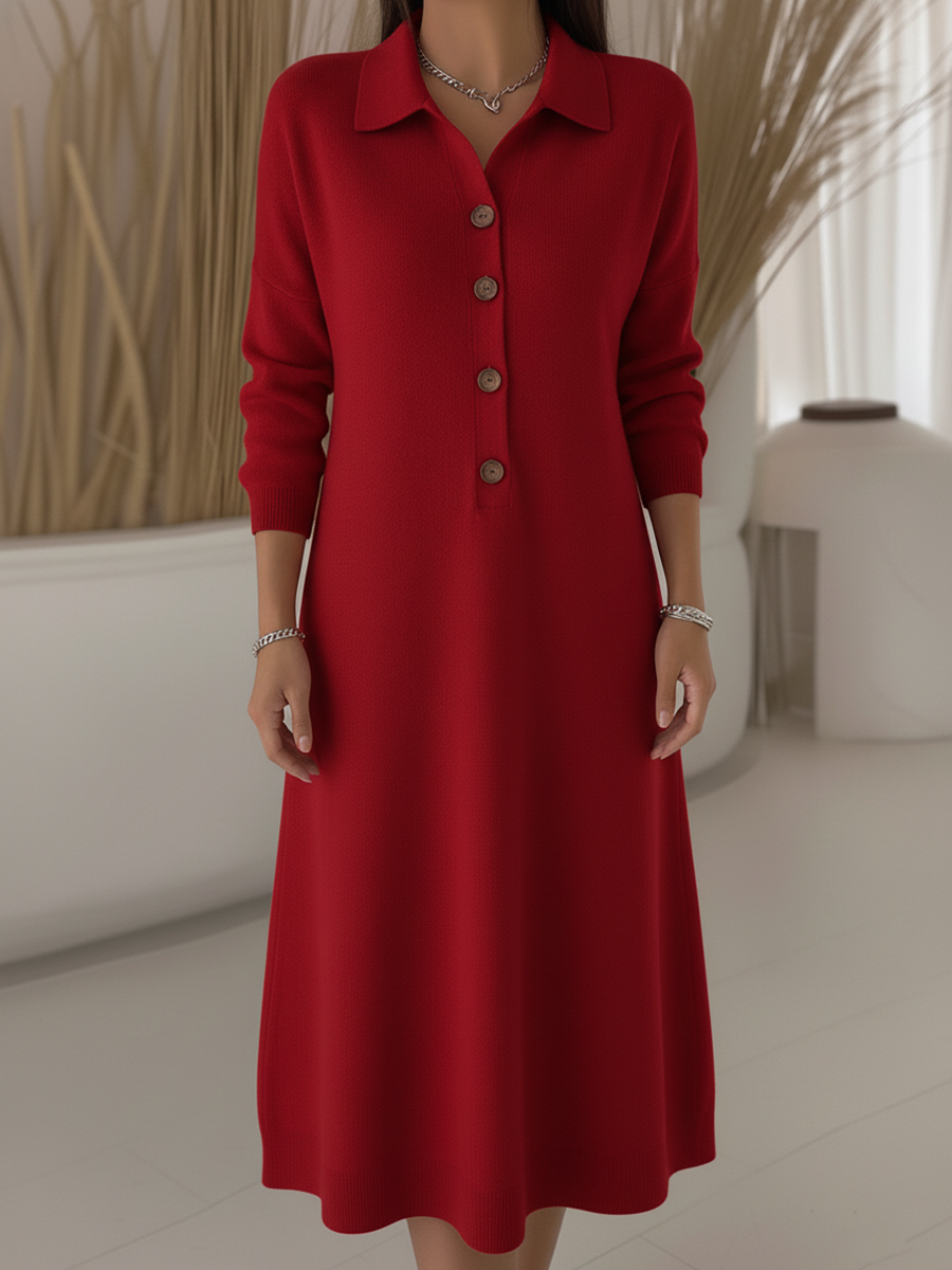 Vestido midi clássico de malha lisa com botões