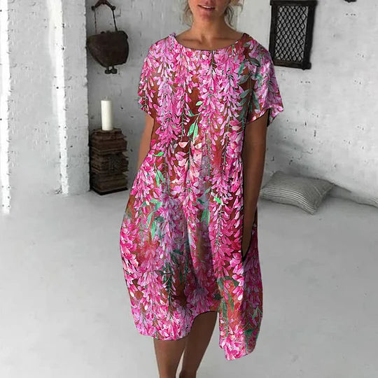 Vestido midi casual com estampa floral, gola redonda, manga curta