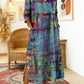 Vestido de mulher em algodão com estampado étnico e patchwork, com acabamento em renda.