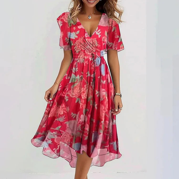 🔥 Elegante vestido de chiffon estampado com decote em V✨