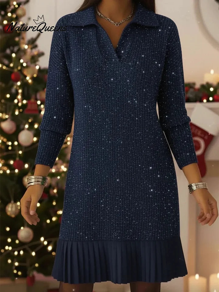 Vestido de malha elegante e brilhante com gola alta