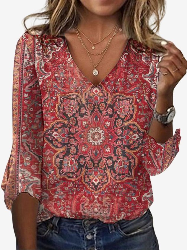 Camisa casual para mulher, manga 3/4, decote em V, adequada para o dia a dia
