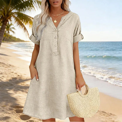 Vestido Túnica para Mulher com Decote em V – Modelagem Relaxada, Bolsos e Tecido Respirável