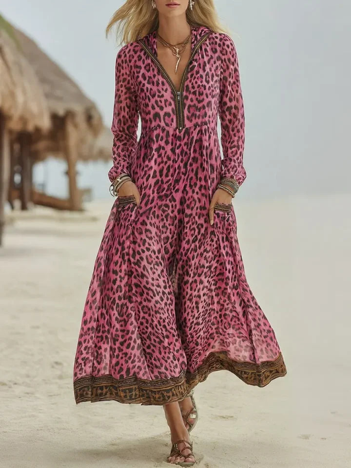 Vestido midi retro casual para mulher com estampa de leopardo