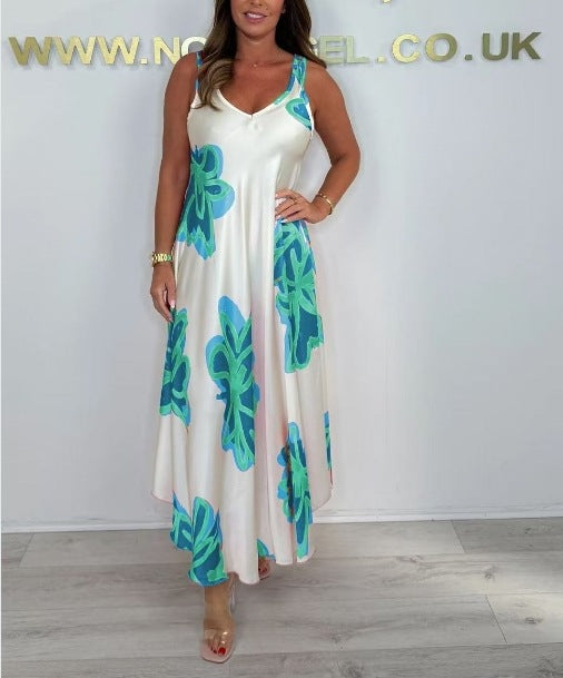 🌸Vestido comprido estampado feminino com decote em V e ombros de fora
