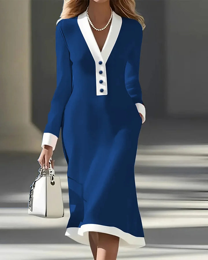 Vestido elegante de manga comprida em contraste