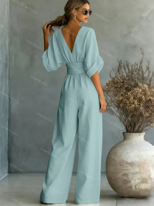 Macacão de moda com decote em V e cintura marcada