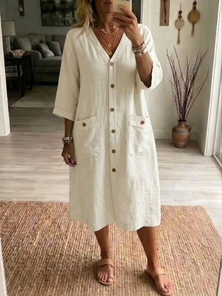 Vestido midi casual para mulher em algodão e linho com decote em V
