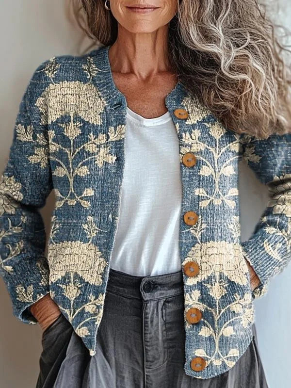 Cardigan vintage para menina com estampado floral e botões