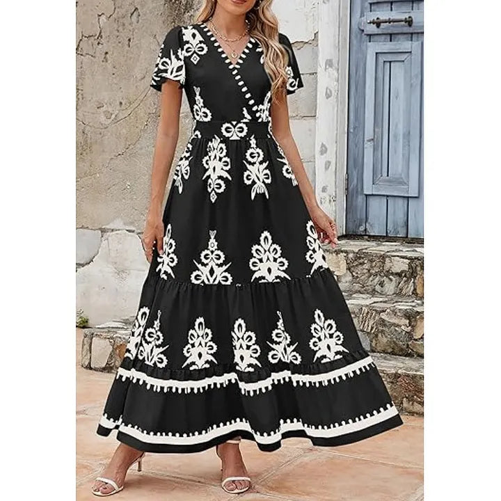 Vestido comprido casual estilo boho com decote em V