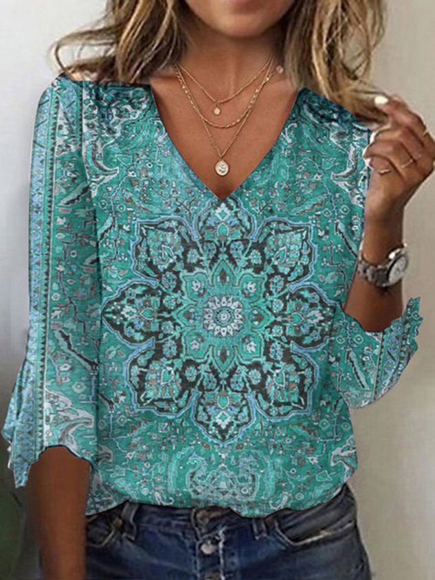 Camisa casual para mulher, manga 3/4, decote em V, adequada para o dia a dia