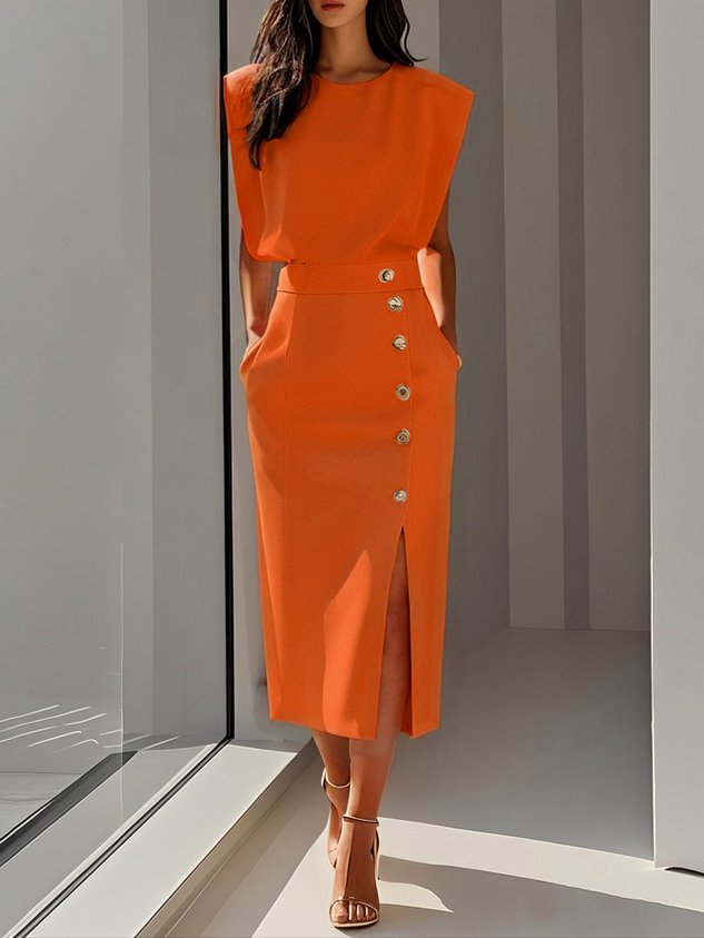 Vestido midi de cor sólida 2025