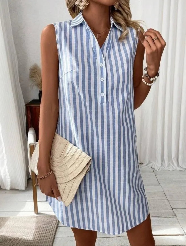 Vestido-camisa às riscas para mulher sem mangas com decote em V