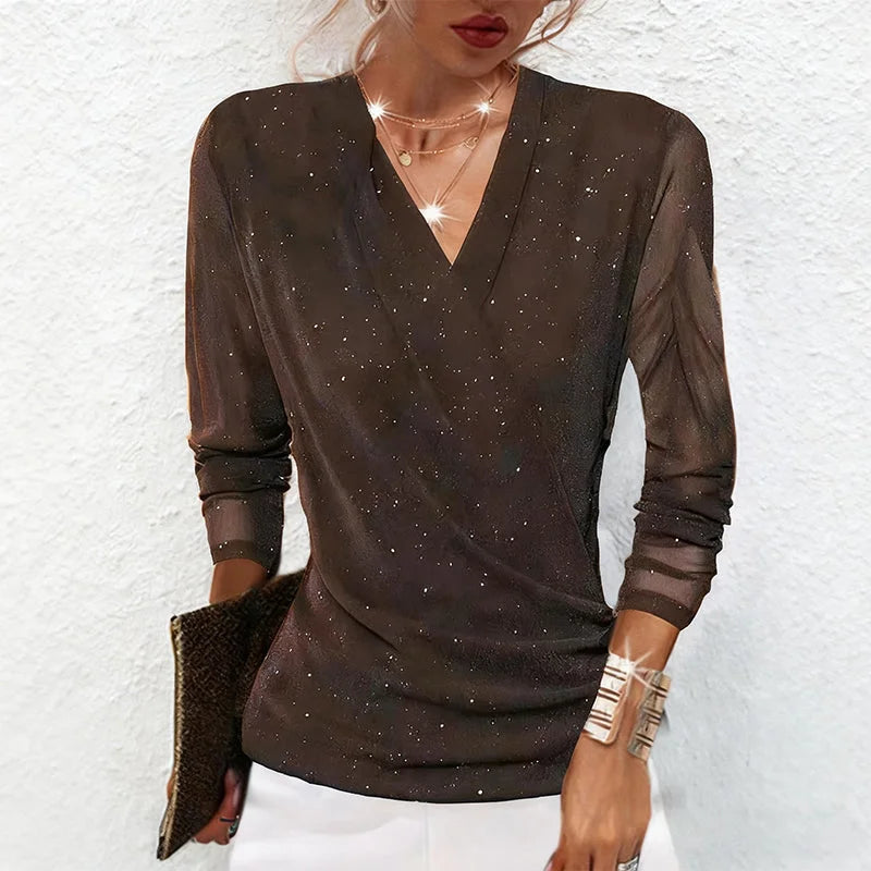 🔥Ofertas Imperdíveis - Blusa de Mulher de Manga Comprida com Decote em V e Lantejoulas