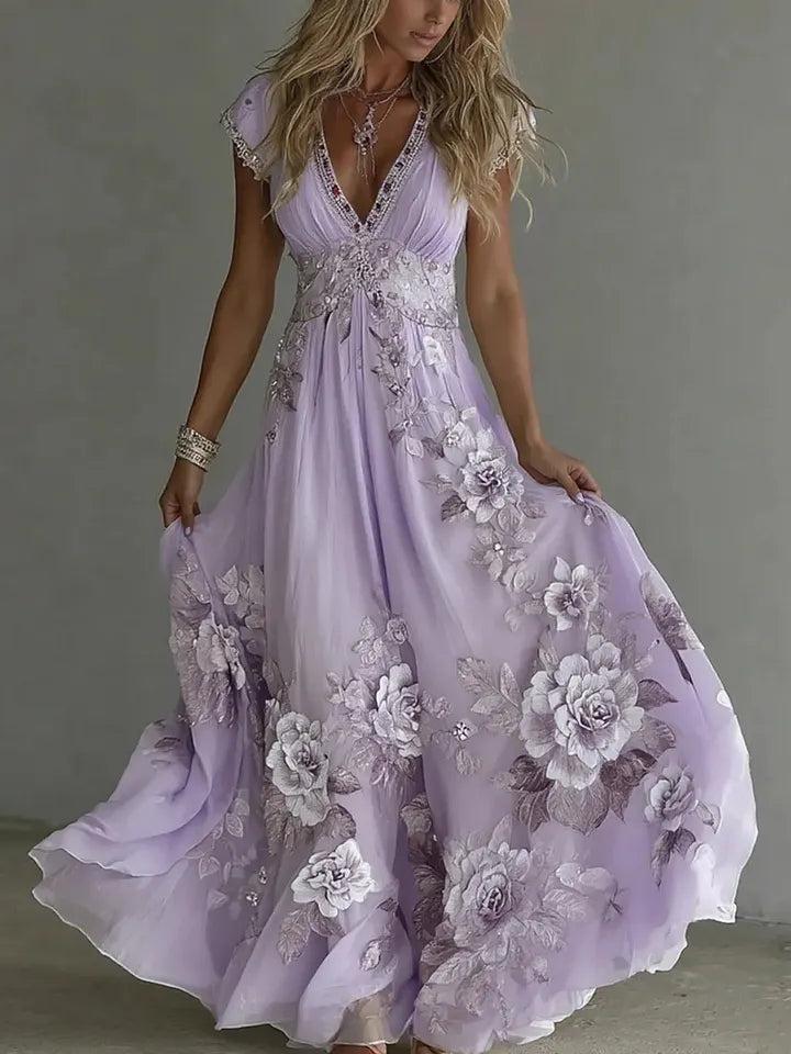 Elegante vestido de chiffon para mulher com renda bordada e decote em V profundo.