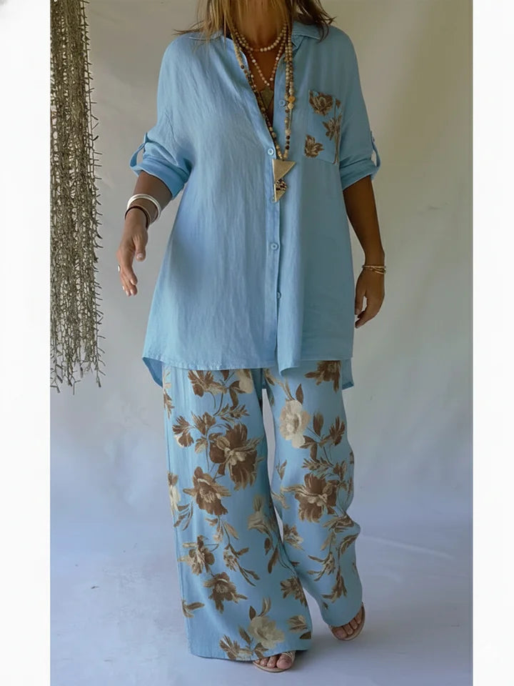 Conjunto de duas peças casual com estampado floral, composto por camisa e calças em linho e algodão