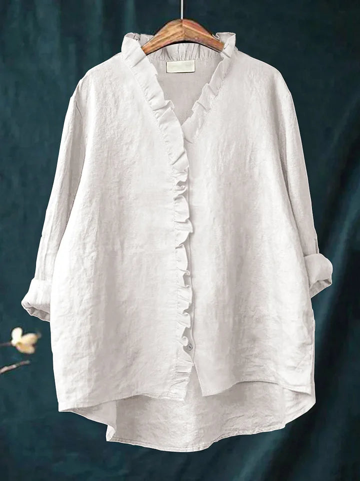 Camisa casual de mulher em algodão e linho com folhos