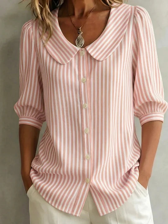 🔥 Camisa de senhora retro às riscas em algodão e linho com gola Peter Pan