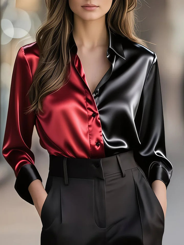 Camisa de trabalho de senhora elegante em cetim com blocos de cores
