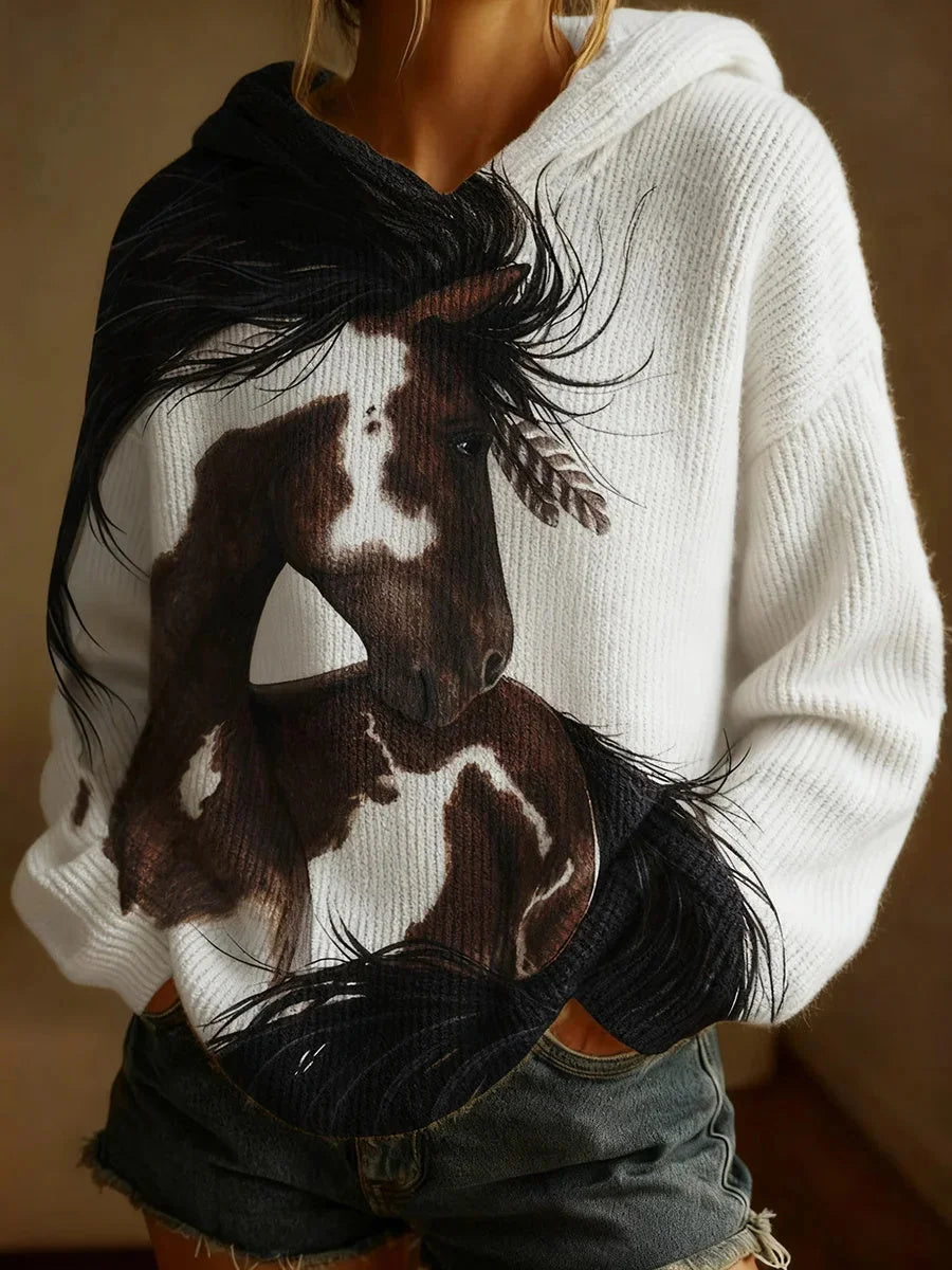 Sweatshirt retro casual feminina com estampa de cavalo