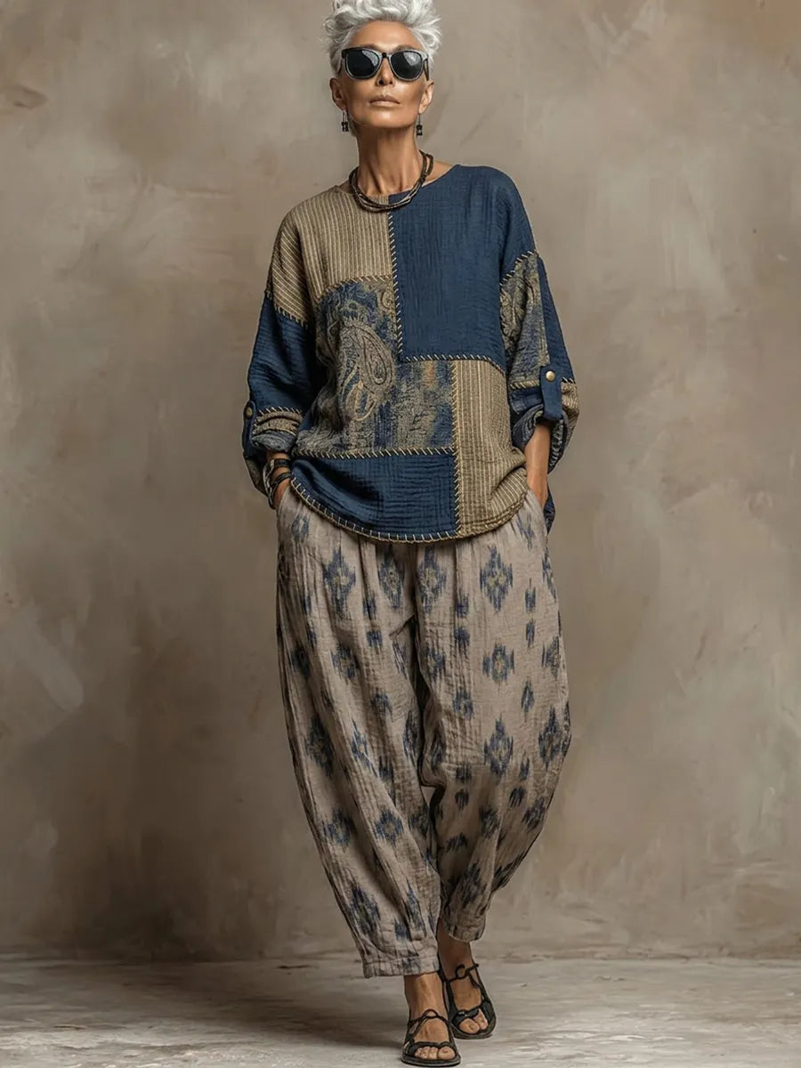 Conjunto de Duas Peças (Top e Calça) em Linho e Algodão com Estampado Paisley Boémia
