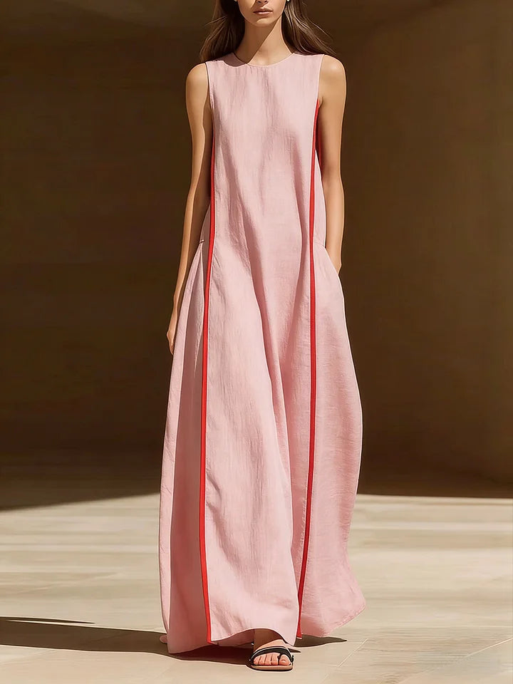 Vestido casual de mulher, em algodão e linho, sem mangas, com gola redonda
