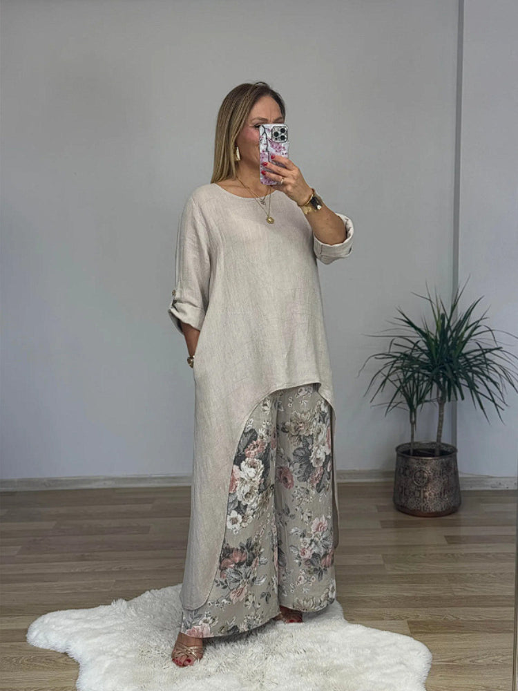 Fato casual de algodão e linho com blusa irregular e calças largas