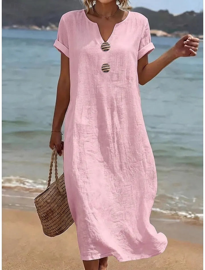 Vestido Casual de Mulher em Algodão e Linho em Cor Lisa