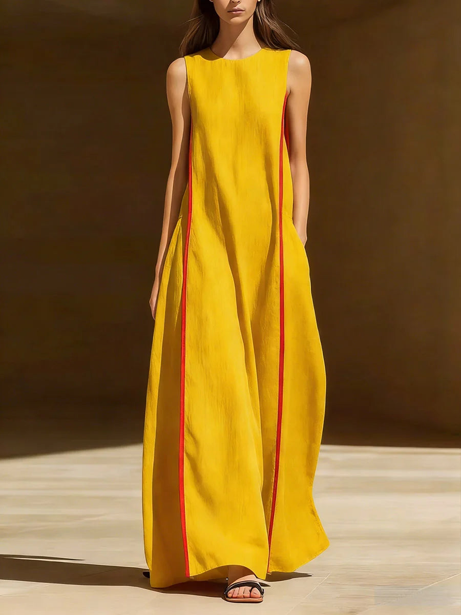 Vestido casual de mulher, em algodão e linho, sem mangas, com gola redonda