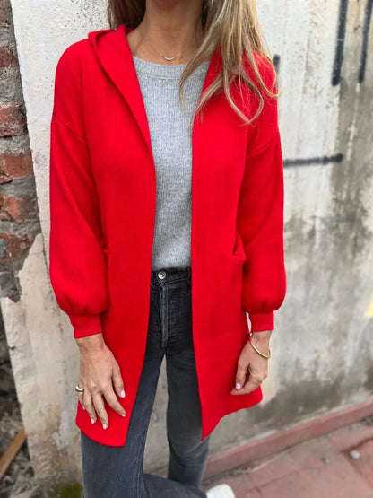 Cardigan comprido casual com bolsos e capuz