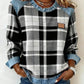 Sweatshirt casual de mulher de gola redonda em ganga com estampa xadrez e patchwork
