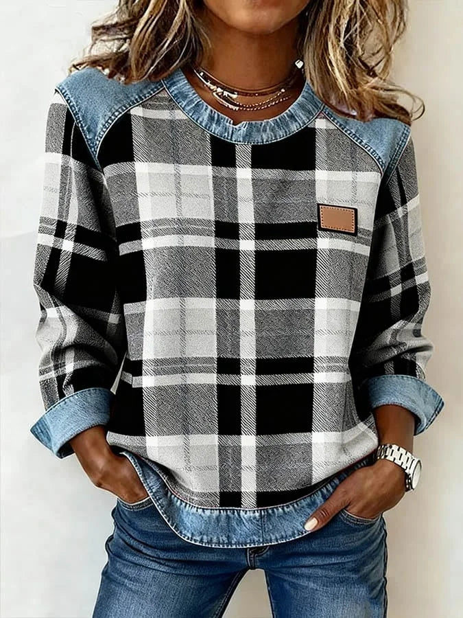 Sweatshirt casual de mulher de gola redonda em ganga com estampa xadrez e patchwork