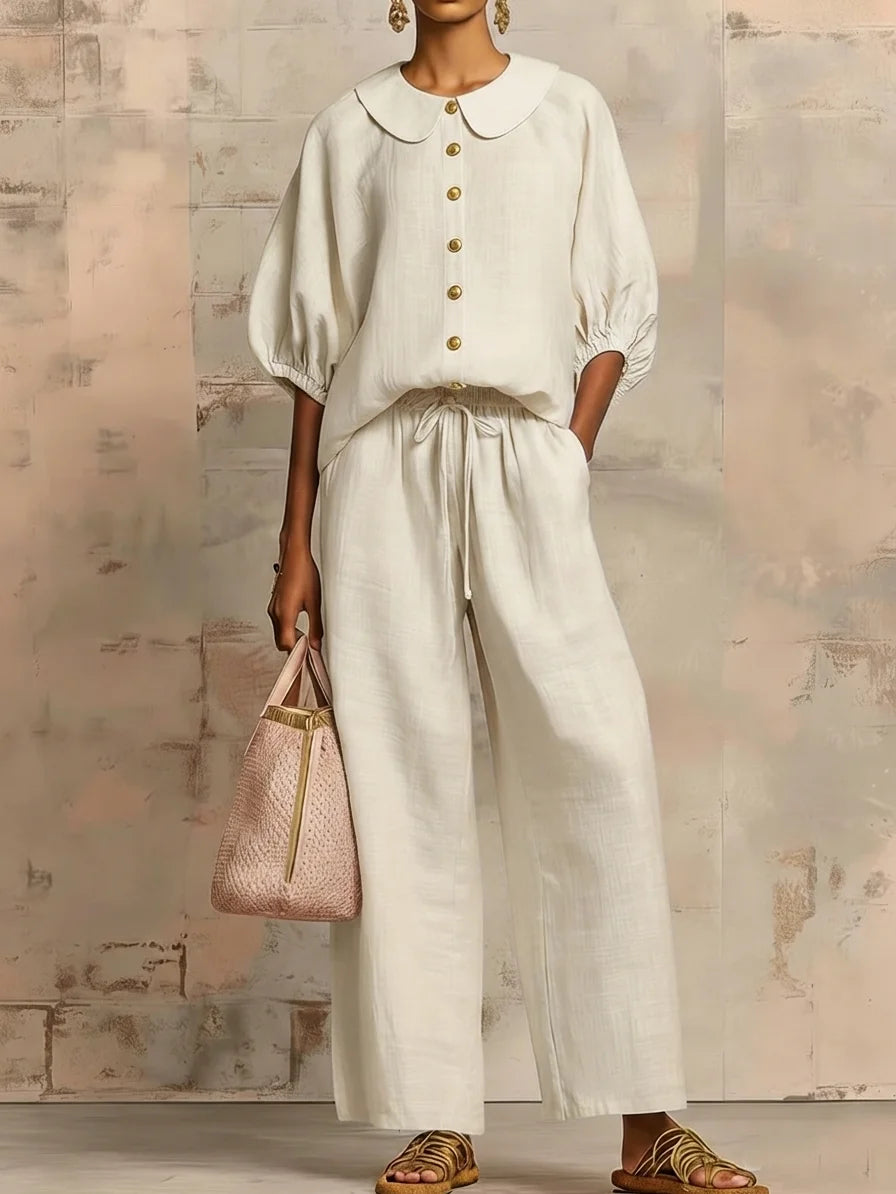 Elegante conjunto de linho de duas peças, composto por camisa e calças de pernas largas