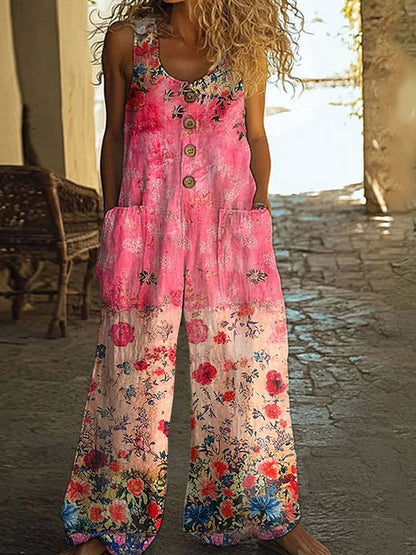 Macacão casual vintage para mulher com patchwork floral