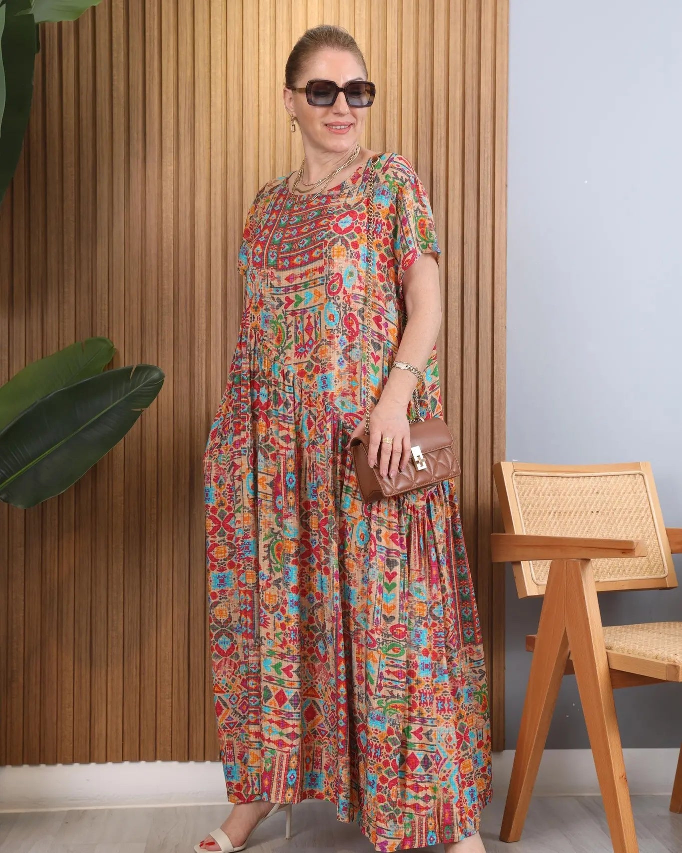 Vestido étnico assimétrico de manga curta [S-5XL]