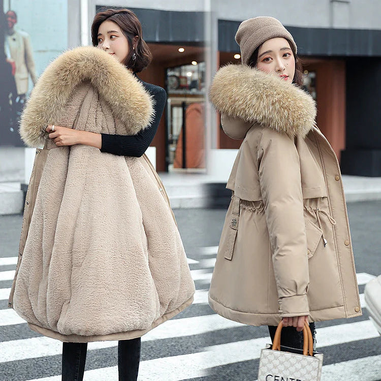 Parka de inverno para mulher, solta, com capuz, de lã sintética e espessada 🧥