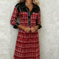 Vestido elegante de patchwork xadrez com corte justo