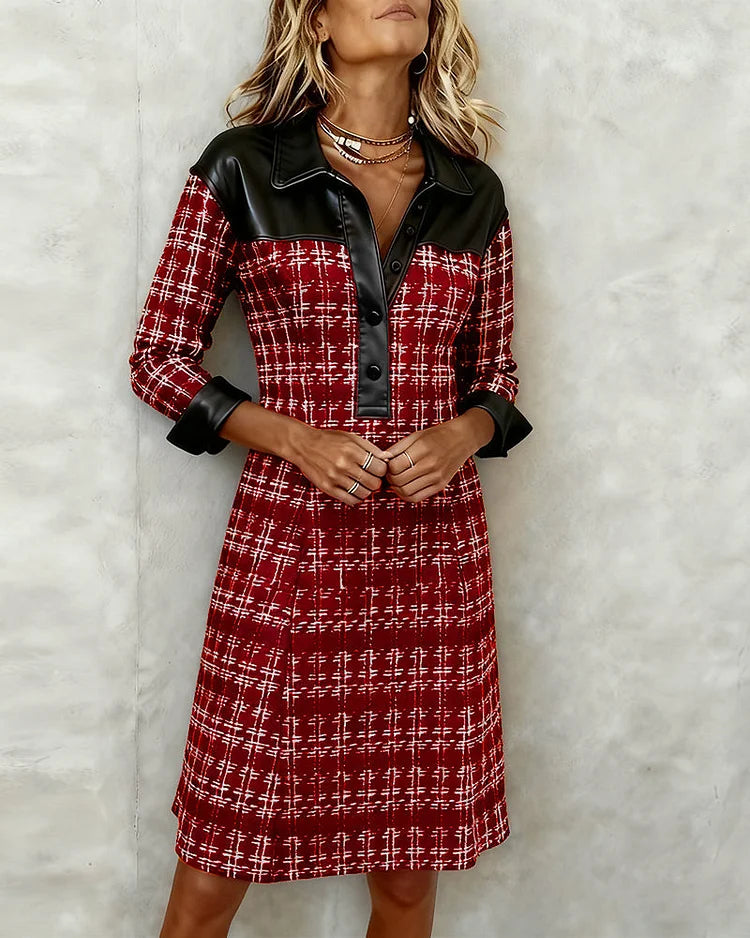 Vestido elegante de patchwork xadrez com corte justo