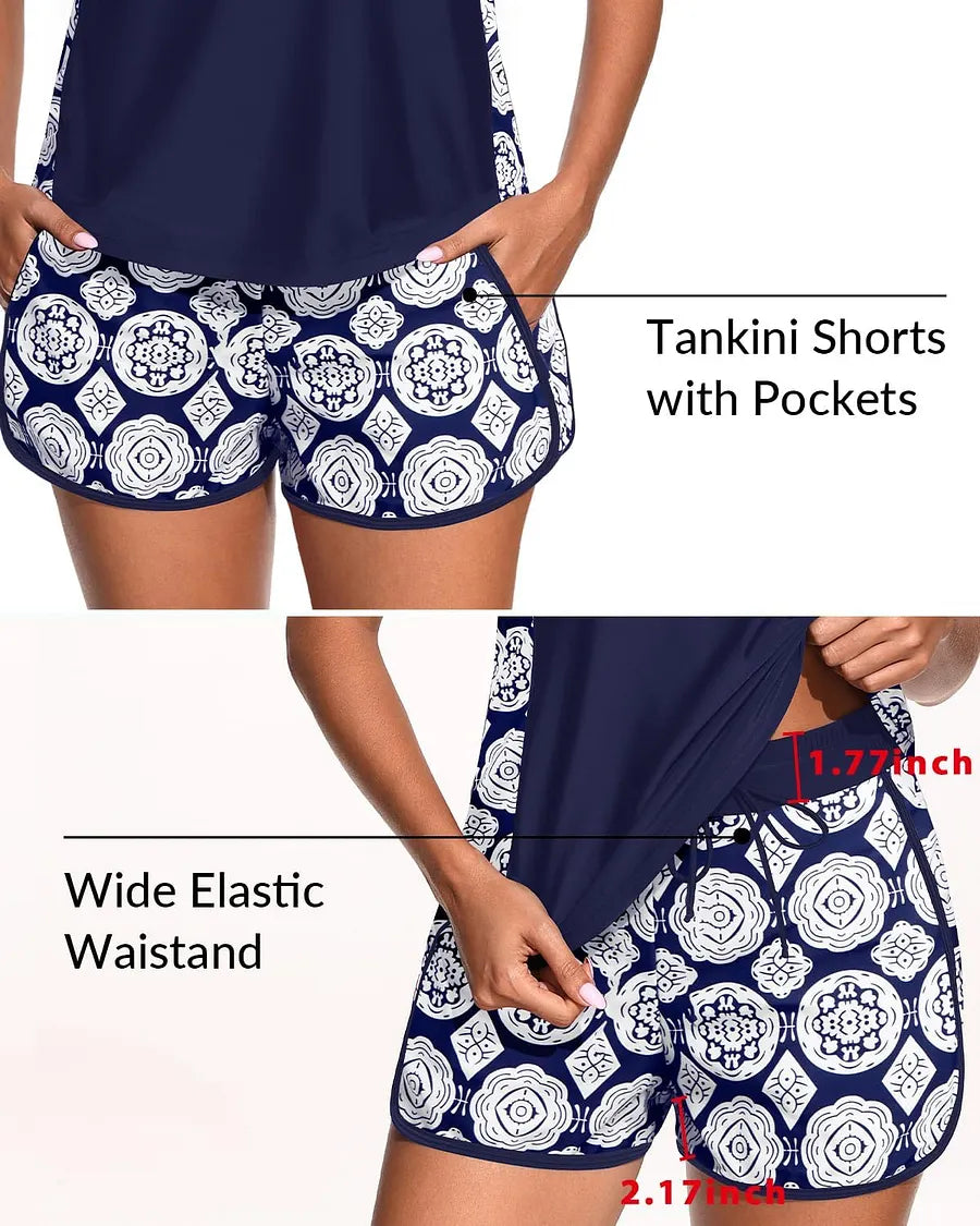 Biquíni Tankini com Calções – Conjunto de Duas Peças com Efeito Redutor de Medidas na Cintura e Bolsos em Estilo Desportivo